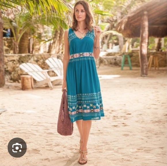 Sundance Dresses & Skirts - Sundance Dress, Size 16, Teal Blue Sleeveless, Embroidered Southwest Style Vneck